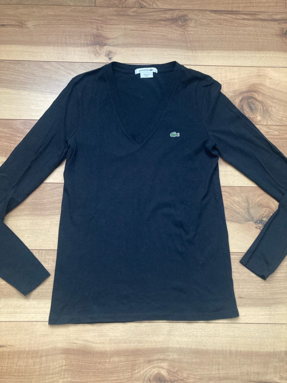 Lacoste Black V-Neck Cotton Long Sleeve Tee - Picture 2 of 8